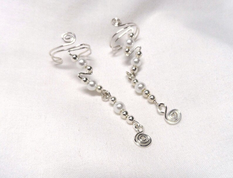 Delicate Ear Cuffs, Sterling Silver and Austrian Pearls with a pretty little drop, for a wedding, prom, or just to feel special. Dangling image 4