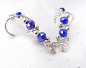 Royal Blue Faceted Crystals .925 Silver Ear Cuffs, Pair, comfortable, eye catching, no ear holes needed, contemporary, sparkly, sassy