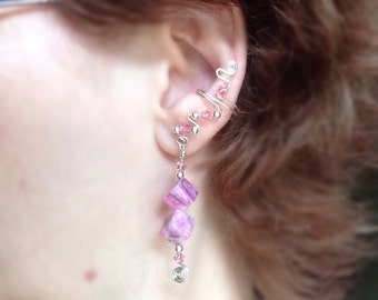 Pink Crazy Lace Agate and Austrian Crystals EarCuffs, pair, comfortable and no pierced ears necessary with protective coating