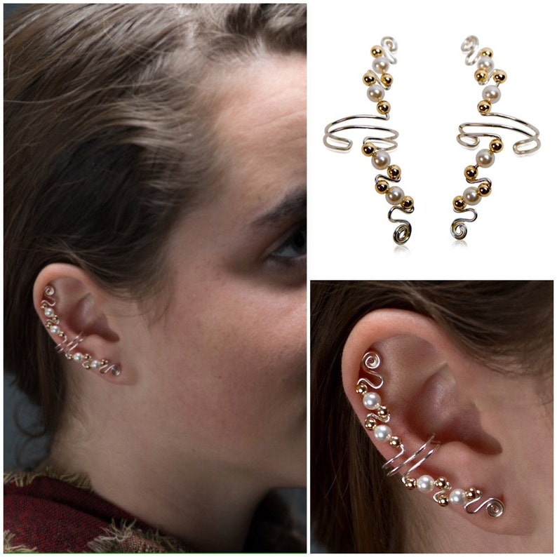 Ear Cuffs with Sterling Silver, 14K Gold Filled and Finest European Synthetic Pearls. Elegant and no pierced ears needed. Non tarnishing. image 3