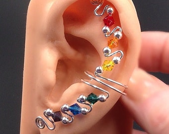Full Rainbow Ear Cuffs with Gold Filled or Sterling Silver Wire, single or pair, featuring Austrian Crystals.