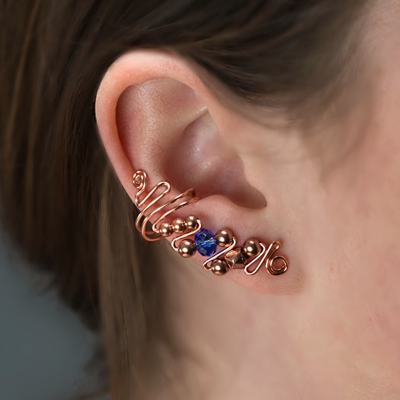 Ear Cuff Earrings with Polished Copper, Copper Beads and a Czech Glass Faceted bead, Rose Gold Color, elegant, comfortable, no pierced ears image 3