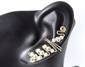 Gold and Silver Ear Cuffs, pair made with Gold Filled Wire Sterling Silver And Stardust Sterling balls