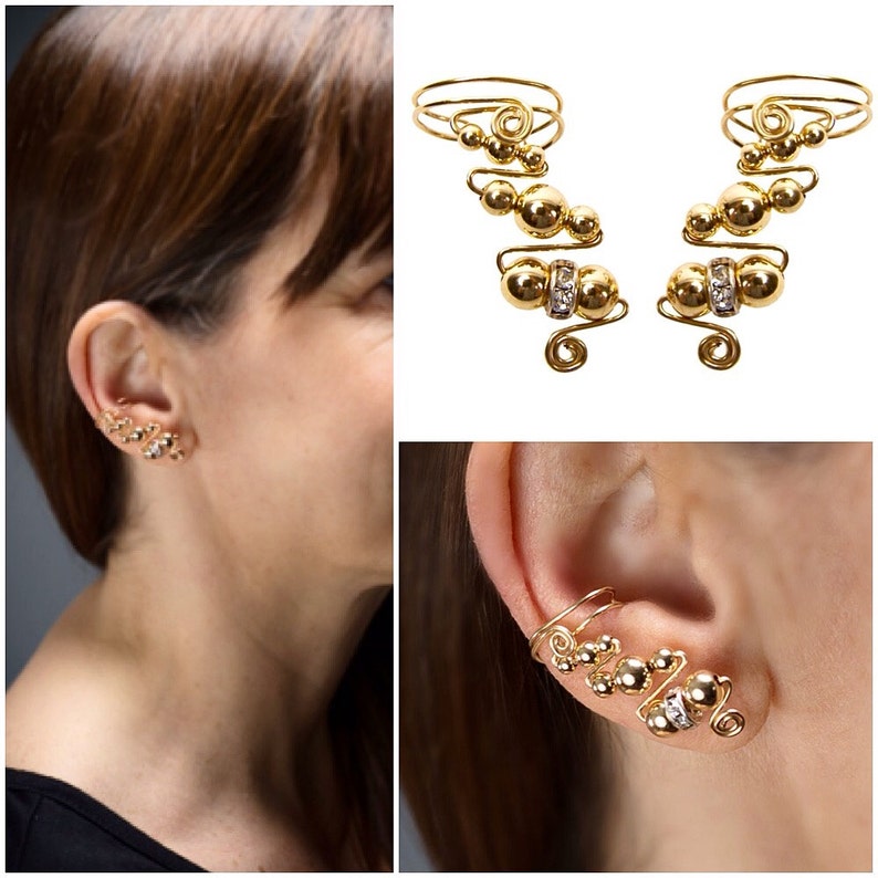 Super 14K Gold Ear Cuffs with Austrian Crystals. Light, comfortable and no piercings needed. Elegant ear wrap earrings sold as a pair image 4