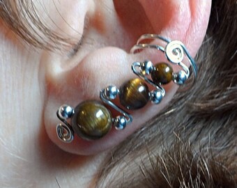 Tiger's Eye and Sterling Silver ear cuffs, pair, comfortable and elegant, no ear holes needed.