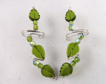 Green Leaves on Silver Ear cuffs, Pair or Single, nature, leaf crystal beads from the Czech Republic, single or pair,