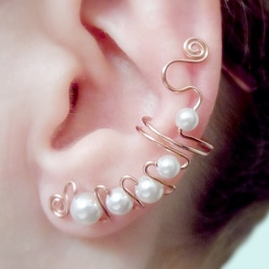 Ear Cuffs with 14K, Sterling Silver or Polished Copper wire and Austrian White Pearls, pair or single, elegance and comfort no holes needed