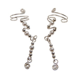 Delicate Ear Cuffs, Sterling Silver and Austrian Pearls with a pretty little drop, for a wedding, prom, or just to feel special. Dangling image 2