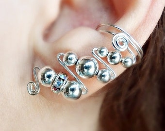 Super Sterling Silver Ear Cuffs, single, comfortable and enhanced with Austrian crystals. Ear wraps, wrap earrings