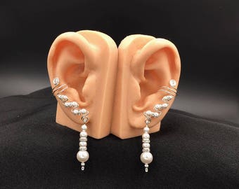Sterling Silver and Austrian Pearls Drop Ear Cuffs with sparkly crystals, pair