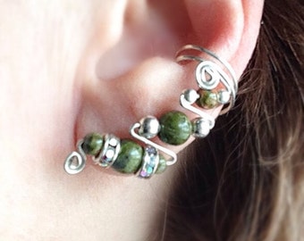 Silver Ear Cuffs with Natural Green Unakite, pair, ear jewelry with no pierced ears needed and no pinching in Sterling Silver