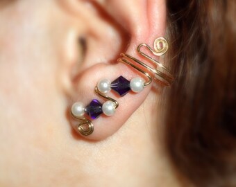 Ear Cuffs, Pearls and Purple European Crystals, pair, beautiful and simply elegant