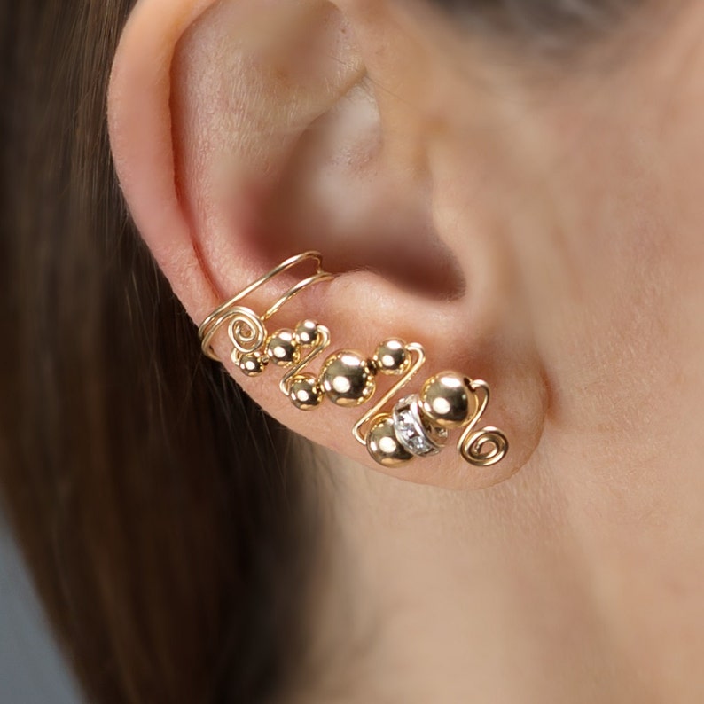 Super 14K Gold Ear Cuffs with Austrian Crystals. Light, comfortable and no piercings needed. Elegant ear wrap earrings sold as a pair image 1