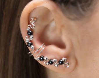 Black Hematite Ear Cuff Earrings with Sterling Silver Wire and Beads. Elegant and Comfortable, no pierced ears needed