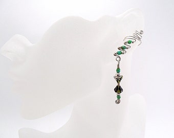 Silver and Shades of Green Drop Ear Cuffs, pair. No piercing necessary. Simple and elegant and very comfortable.