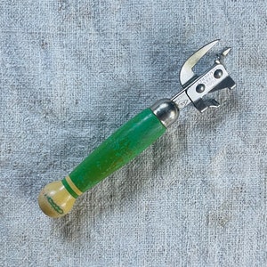 Vintage A & J Can or Bottle Opener with Green Wood Handle / Vintage A J USA Steel Tempered Utensil