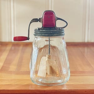 Large Antique Tulip Base Glass Wood Paddle Butter Churn, Sears and Roebuck Farm Master Hand Crank Butter Churn Red Wood Handle