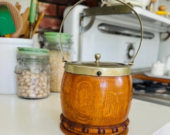 Antique Carved Oak Biscuit Barrel, Brass Handle, England