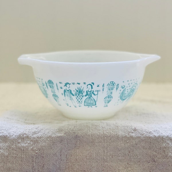 Vintage Turquoise White Amish Butterprint Cinderella Pyrex Mixing Bowl Nesting Bowl 441 Aqua Amish Butterprint 1 1/2 Pints 1957