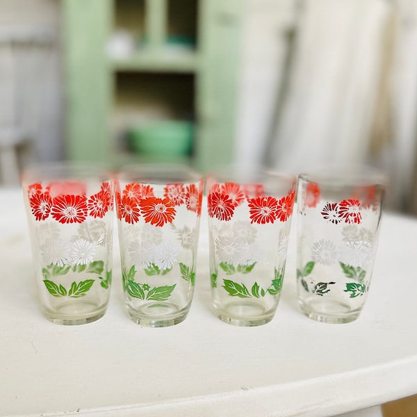 Vintage Hazel Atlas Kraft Swanky Swigs Daisy Juice Glasses/ Set of Four Green, Red and White Floral Juice Glasses