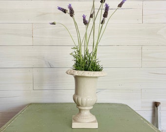 Vintage French Style Urn Planter: Off White Ceramic Pedestal Vase