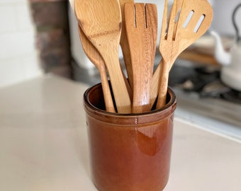 Vintage Brown Glazed Stoneware Crock, Primitive Kitchen Decor