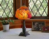Rare Vintage Pairpoint Style Glass Fruit Table Lamp, Fruit Bowl Puffy Glass Reverse Painted Shade