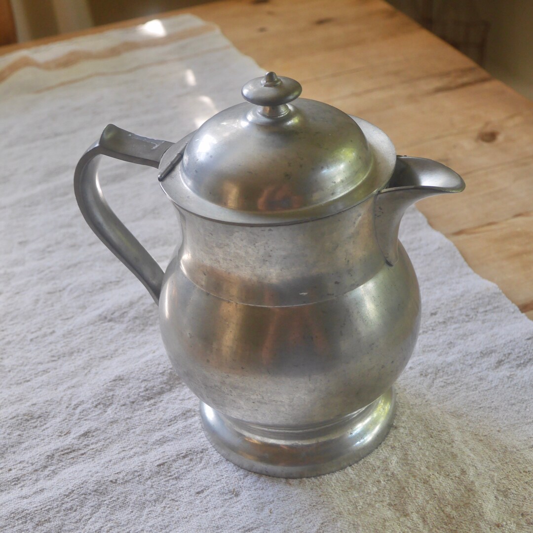 Rare Woodbury Pewter Pitcher With Attached Lid / Pewter Pitcher by Woodbury Pewterers / Henry