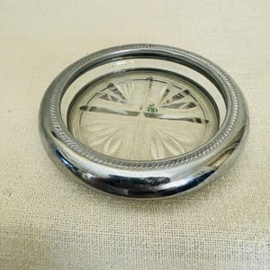 Mid Century Vintage Silver Plated and Cut Glass Round Wine Bottle Coaster Plate
