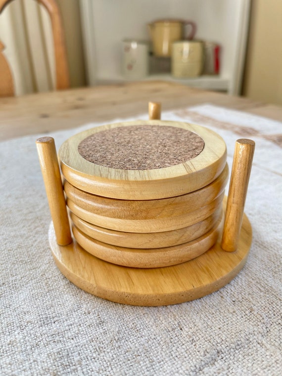 Vintage Wood and Cork Coaster Set / Wood Coasters 