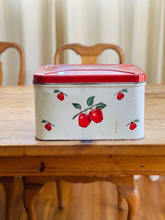 Rare Vintage Decoware Red Apples Metal Bread Box, Red Bread