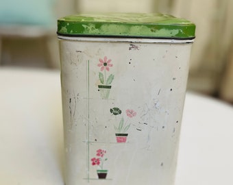 Vintage Metal Shabby Canister with Flower Pot Pattern by Empeco / Empeco Canister with Green Lid