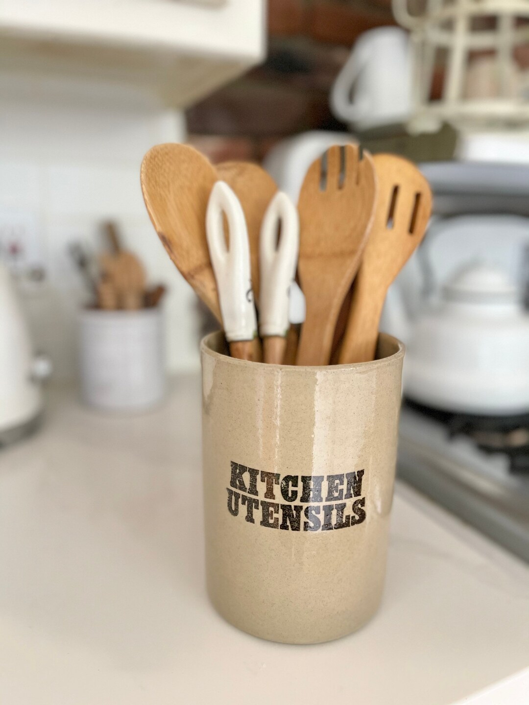 Vintage Crock / Primitive Stoneware Kitchen Utensils Crock / Pearsons