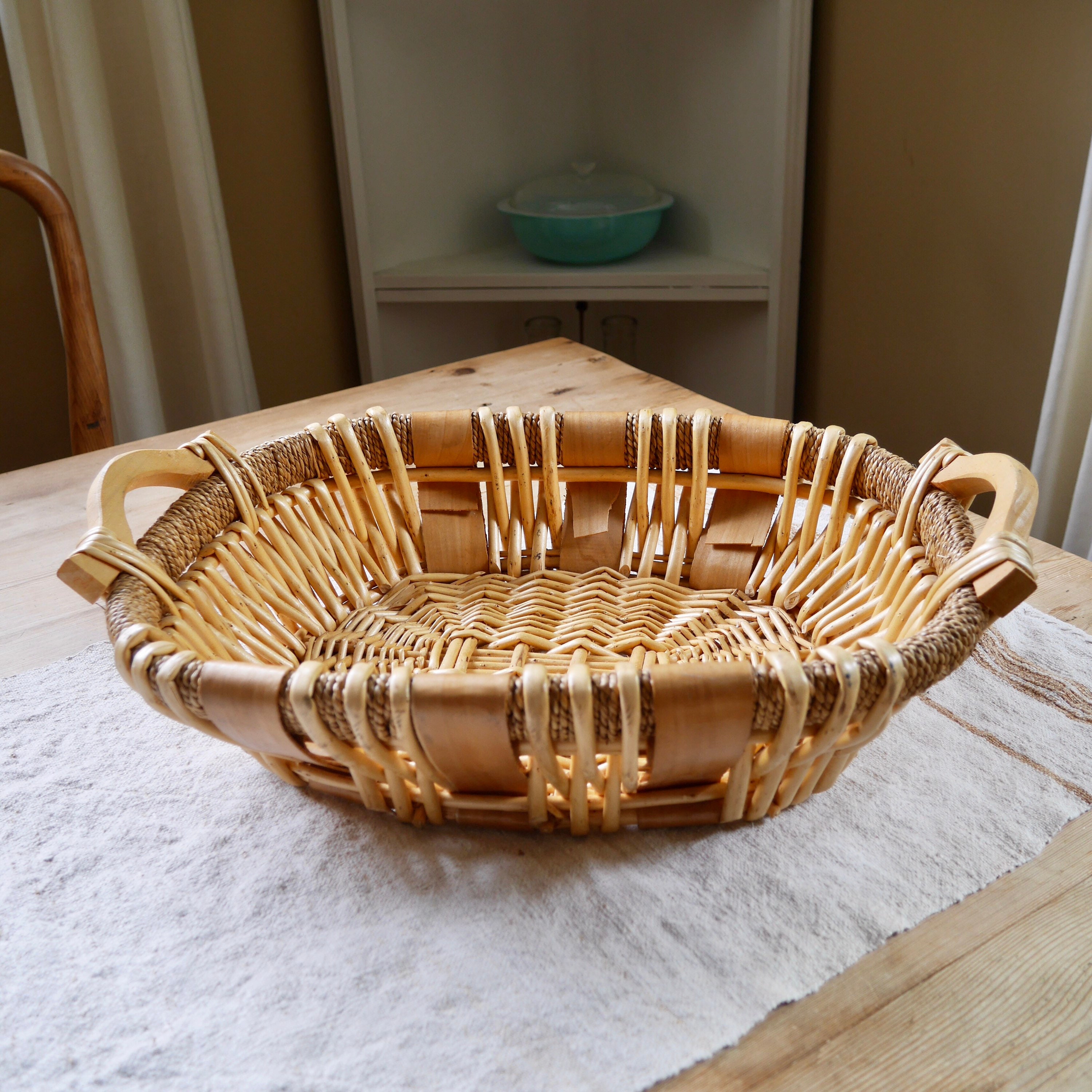 Vintage Wicker Basket Tray with Wood Handles: Ottoman Coffee Table Decor