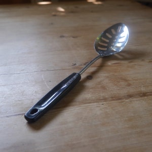 Vintage Foley USA Chrome Plated Serving Spoon / Foley 12&quot; Slotted Spoon with Black Handle