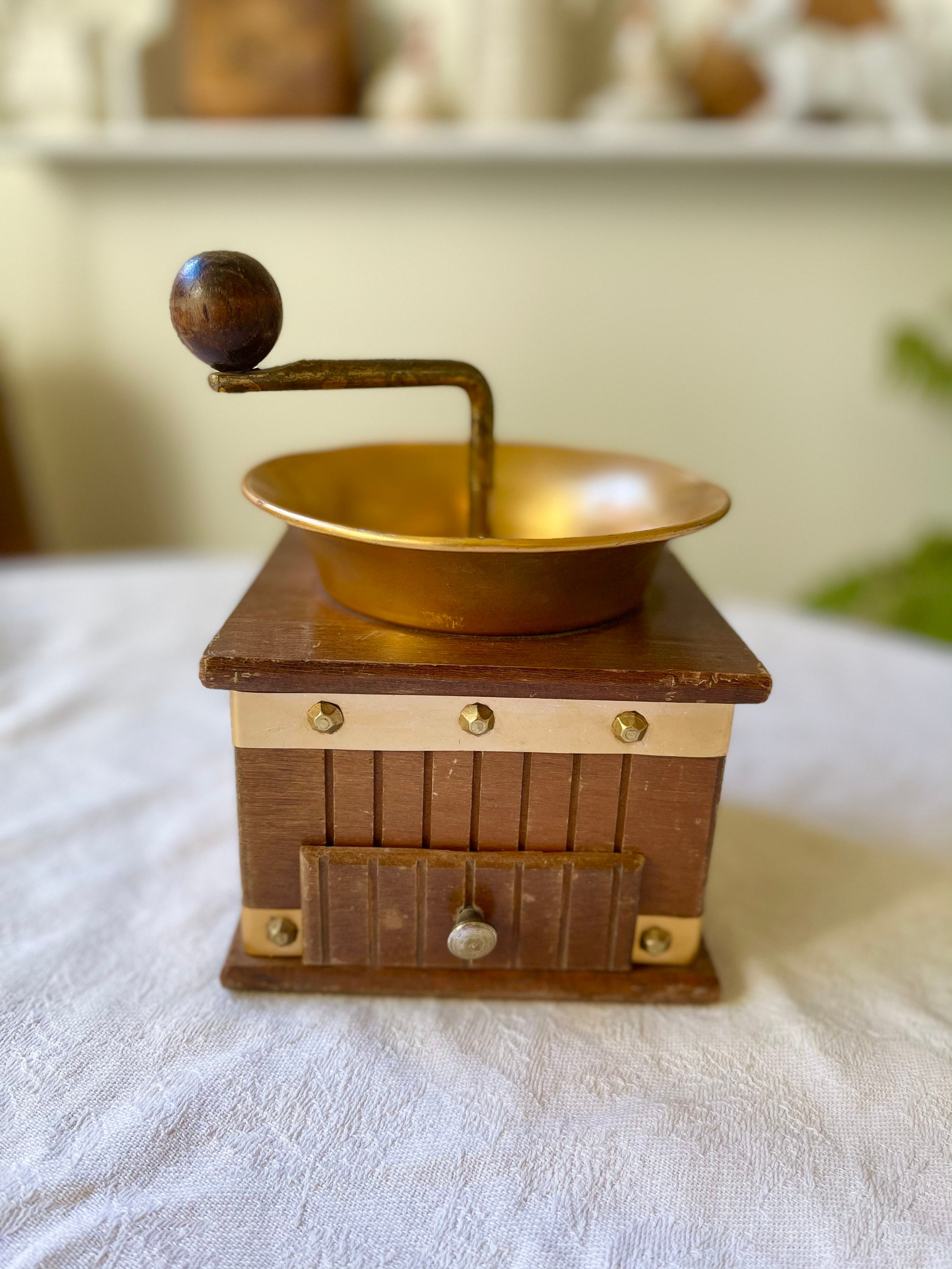 Vintage Wood Coffee Grinder With Drawer / Copper or Brass Top Coffee Grinder  
