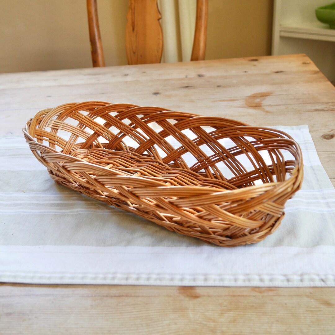 Vintage Long Thin Bread Basket Made of Wood and Rattan, French Baguette