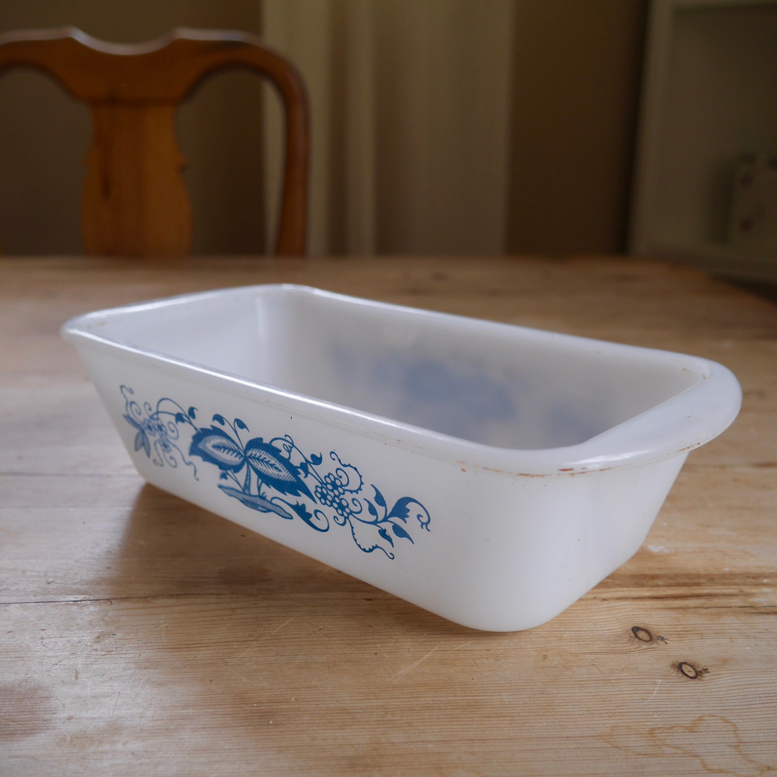Glasbake Loaf Pan With Blue Flowers / Vintage Milk Glass Loaf Etsy