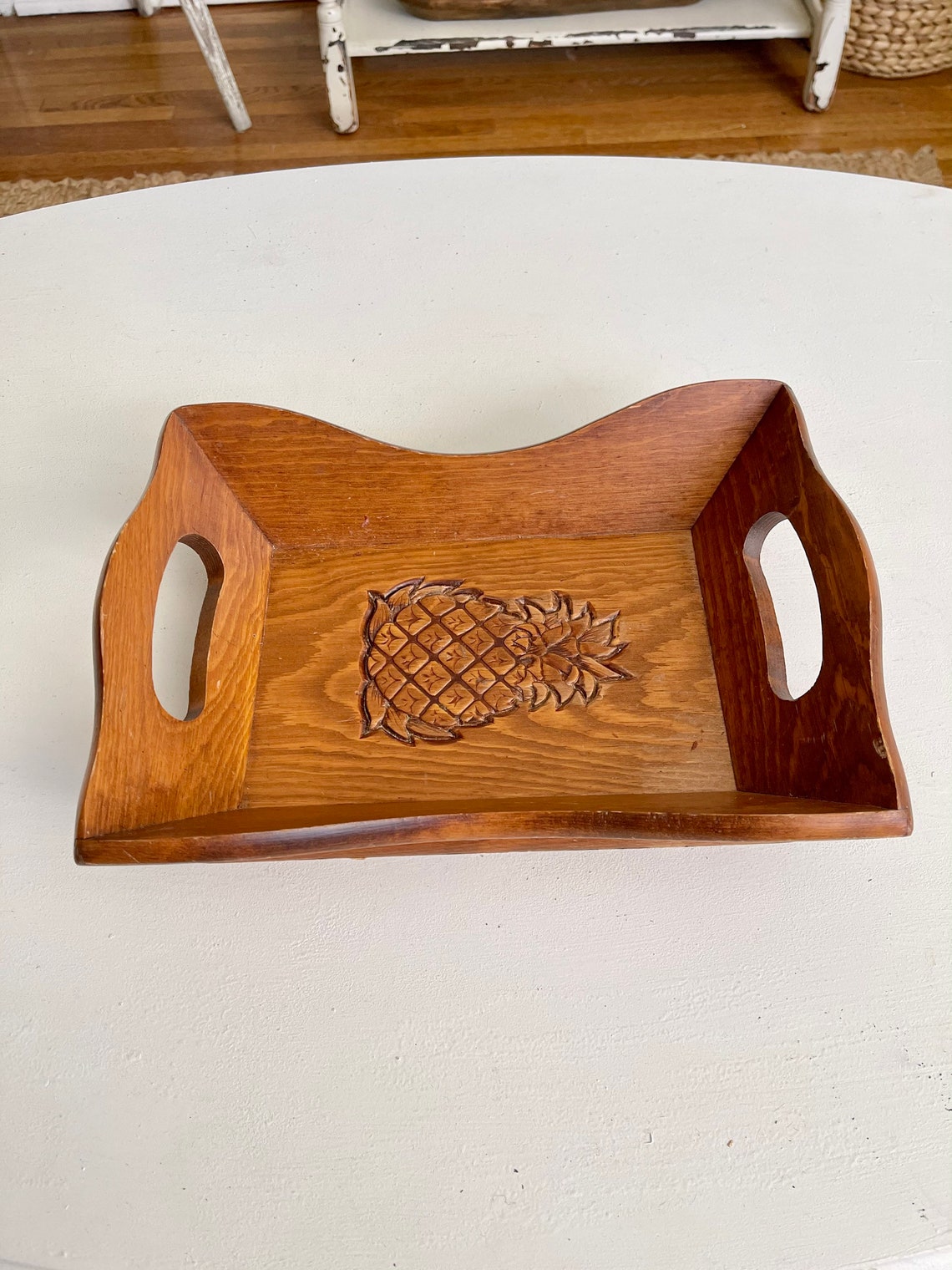 Pineapple Wood Tray With Handles / Vintage Hospitality Tray / Etsy