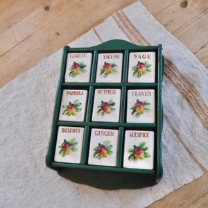 Mid Century Spice Rack with Strawberry Pulls, Wood Spice Rack with 9 Ceramic Drawers, Green Wall Spice Rack Japan