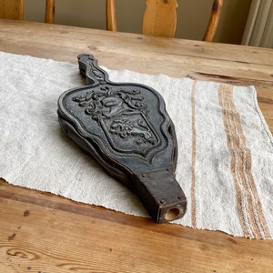 Primitive Antique Bellow Hand Carved Ornate Wood Medieval Leather, Large Fireside Carved Wood & Leather Fire Bellows Knight Lion
