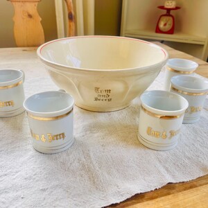Vintage Tom Jerry Punch Bowl Set, Gold Rim Cups, Tom Jerry Porcelain Cups Chikaramachi Hand Painted Japan, Universal Potteries Punch Bowl