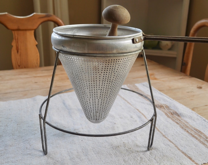 Vintage VIKO Aluminum Sieve Strainer With Stand and Wood Pestle / Three Piece Viko Aluminum Cone