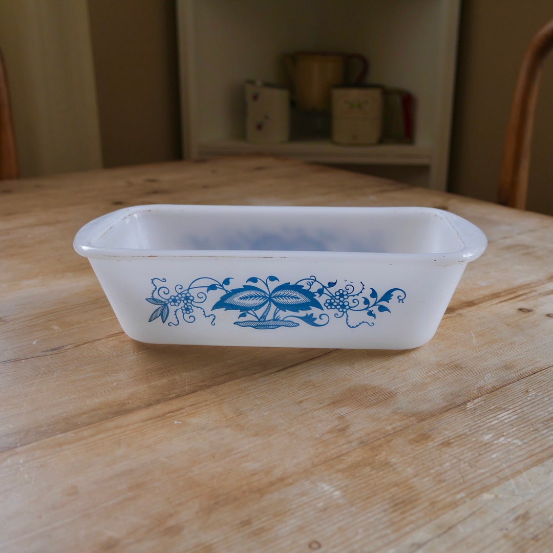 Glasbake Loaf Pan With Blue Flowers / Vintage Milk Glass Loaf Etsy