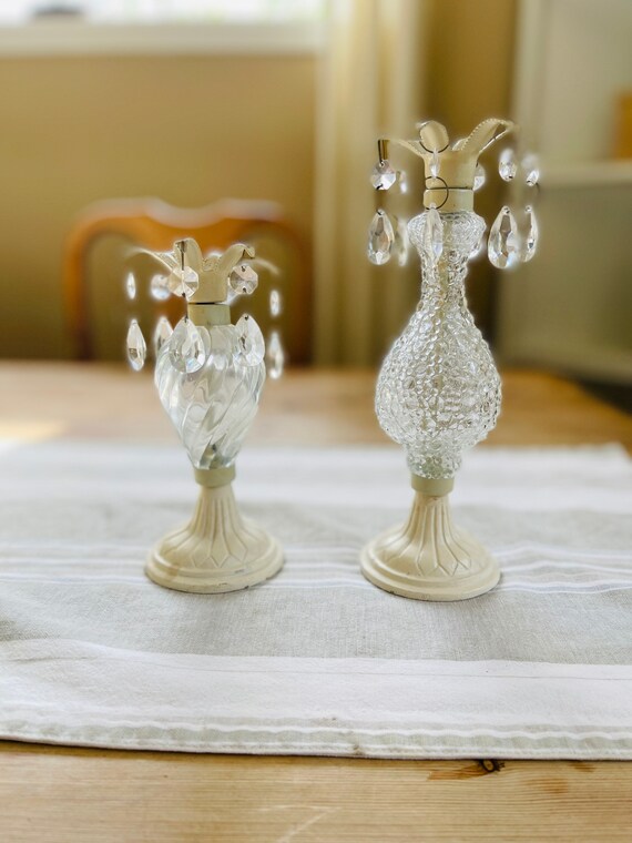 Vintage White Taper Candle Holders With Hanging Crystals / Two Etsy
