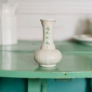Ireland Belleek Porcelain Vase, Hand Painted Shamrocks Belleek Small Shamrock Vase