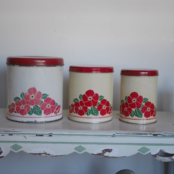 Vintage Kitchen Canister Set In Red White And Green Set Of 3 Etsy