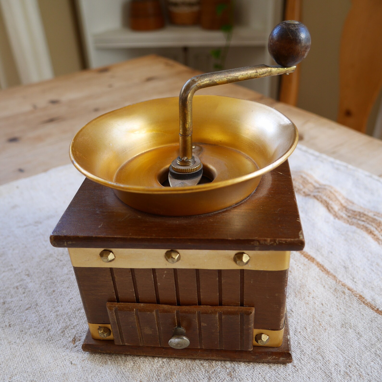 Vintage Wood Coffee Grinder With Drawer / Copper or Brass Top Etsy