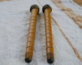 Two Antique Primitive Wood Spools / Old Wooden Bobbins / Textile Mill Spools / Antique Bobbins