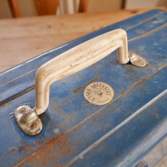 Vintage UNION Steel Toolbox: Blue Heavy Duty Tackle Box, Three